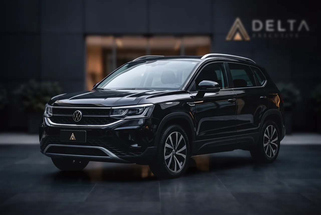 Volkswagen Taos preta, a blindada da Delta Executive, parada na entrada de um prédio corporativo