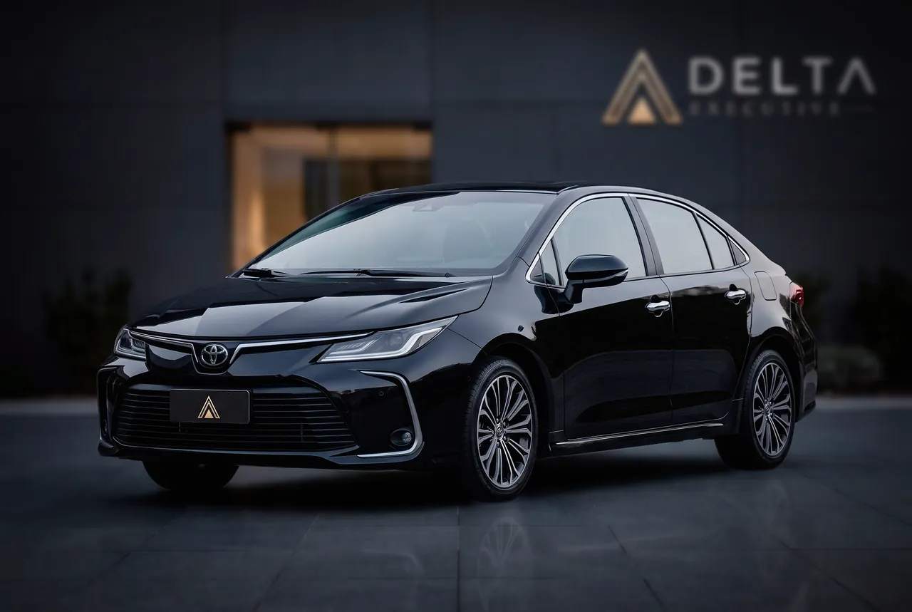 Toyota Corolla preto da Delta Executive, de frente, na entrada iluminada de um prédio corporativo